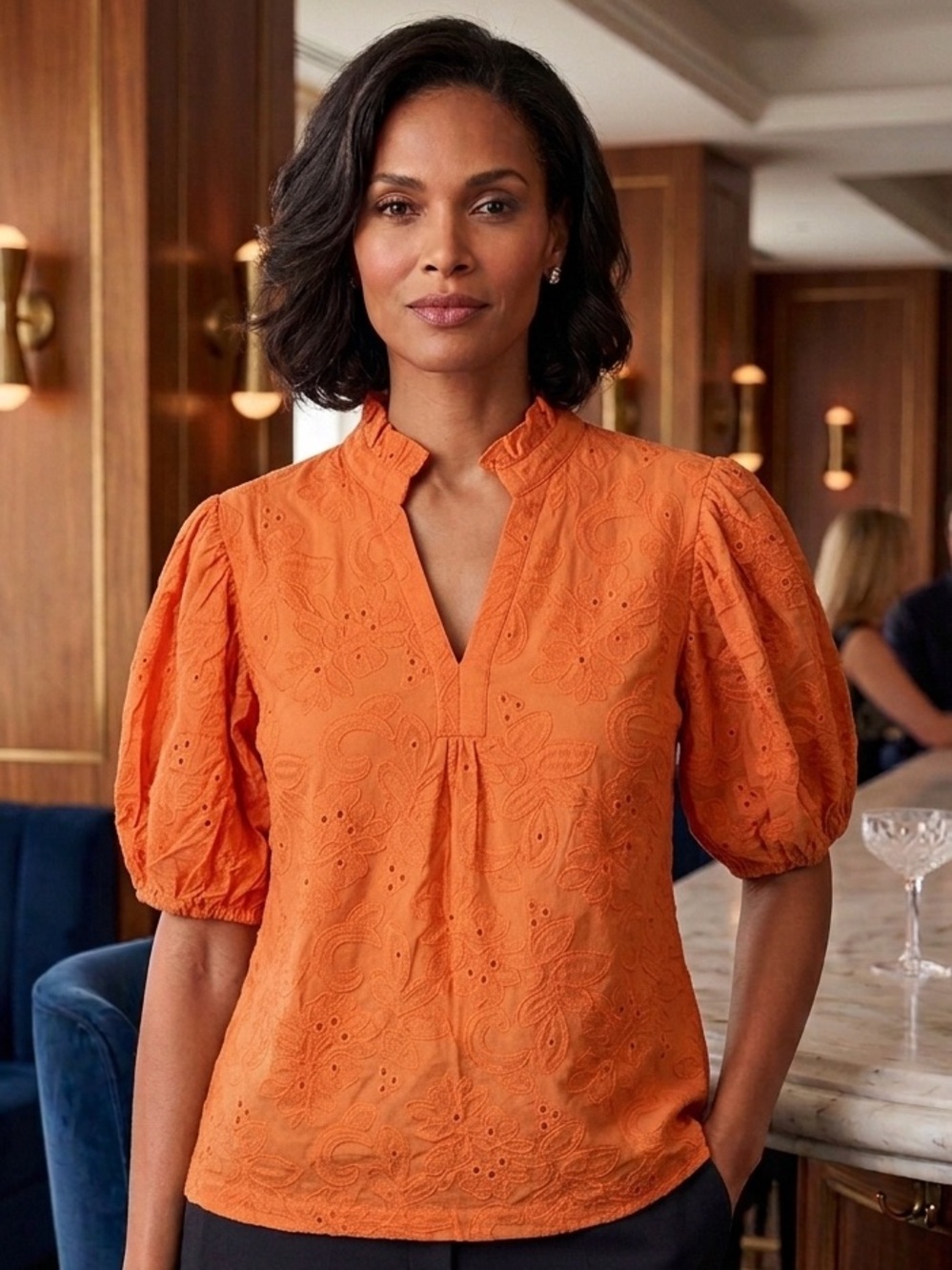 AVARA Embroidered Eyelet Blouse with Balloon Sleeves XL Orange NWT